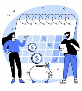 Un-homme-et-une-femme-debout-à-côté-d'un-calendrier-avec-une-tirelire