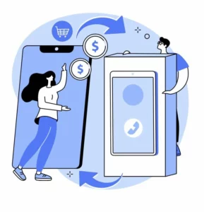 Une-femme-debout-devant-un-téléphone-achète-un-téléphone-à-un-homme-derrière-une-boîte-de-téléphone