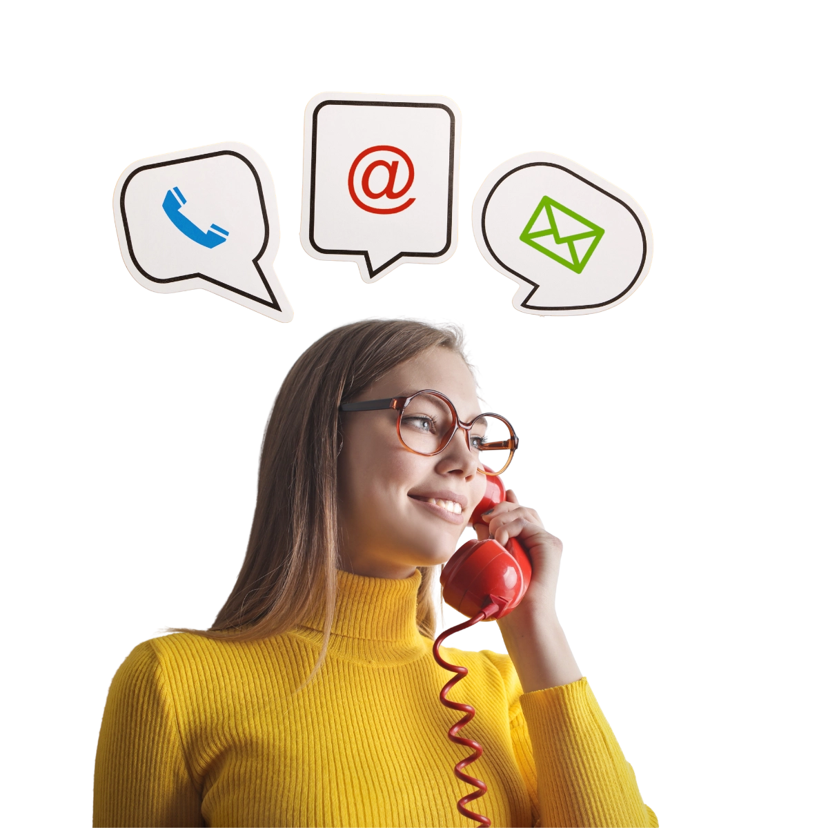 femme-parlant-au-téléphone avec-un-téléphone-rouge- à-la-main